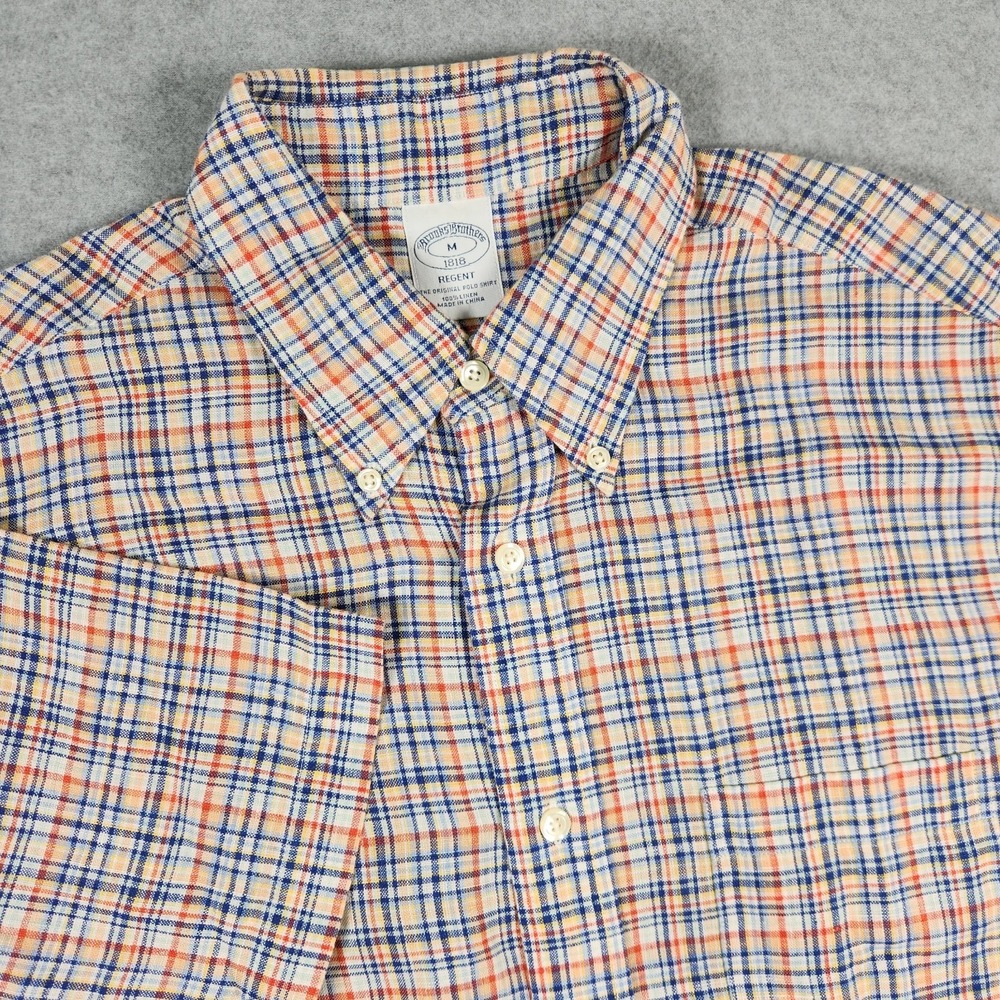 Brooks Brothers Linen Shirt Mens Medium Plaid 1818 Regent Button Down Light